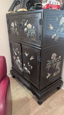 Black Lacquer Asian Floral Carved Headboard