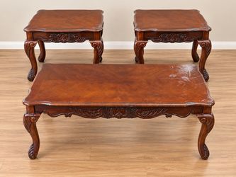 Elegant 3-Piece Carved Wood Coffee & End Table Set