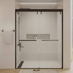 60 in. W x 76 in. H Semi-Frameless Double Sliding Shower Door with 5/16 in. Thick Tempered Clear Glass in Matte Black #212-MB  Approximate Max Install