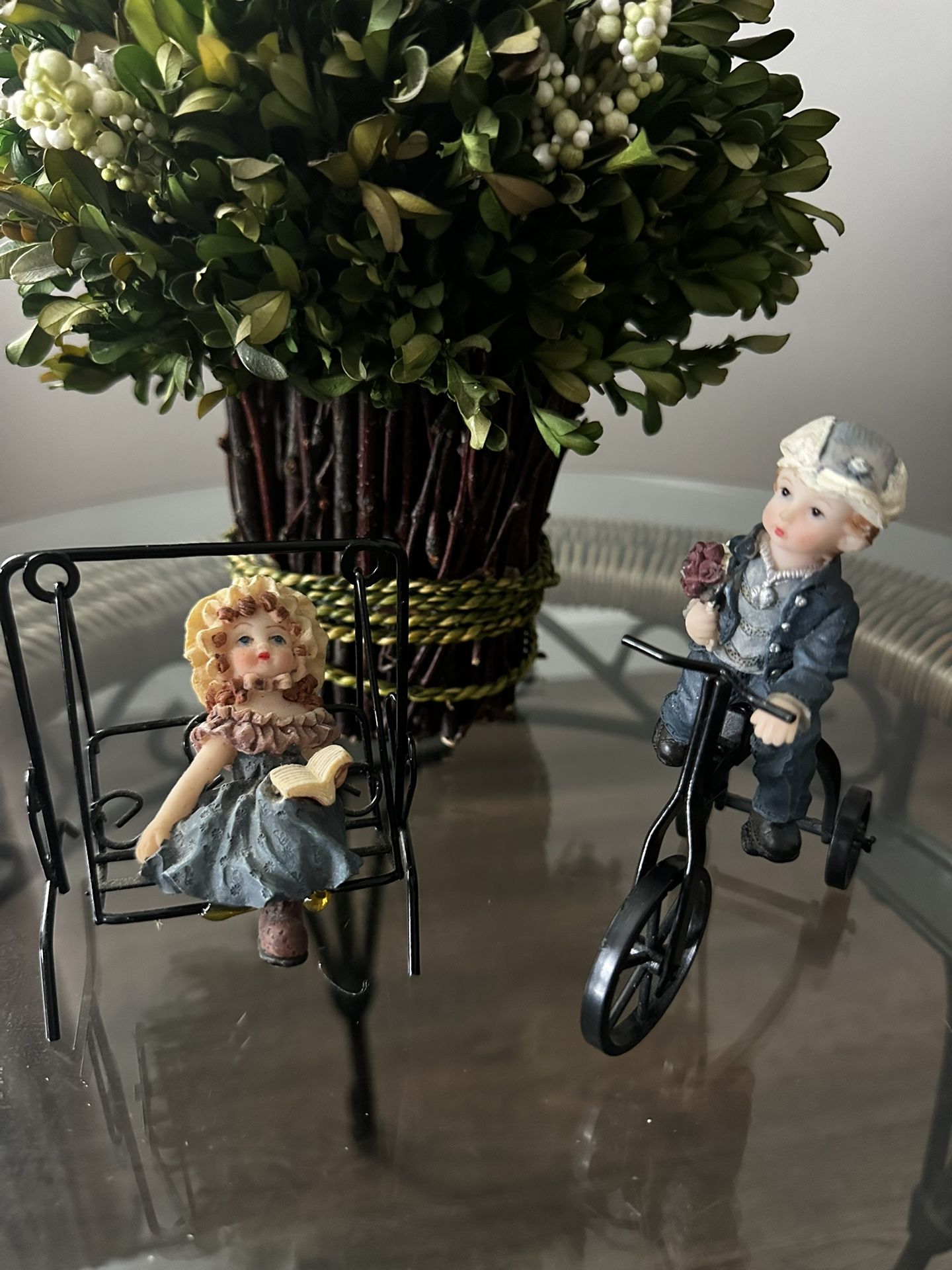 Vintage Doll House Girl and Boy Figurines on swing & Bike Pair