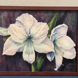 Stunning 1988 Still Life Oil Painting of White Amaryllis Flowers by Jean Galland