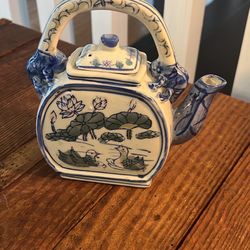 Vintage blue and white ceramic Chinese teapot