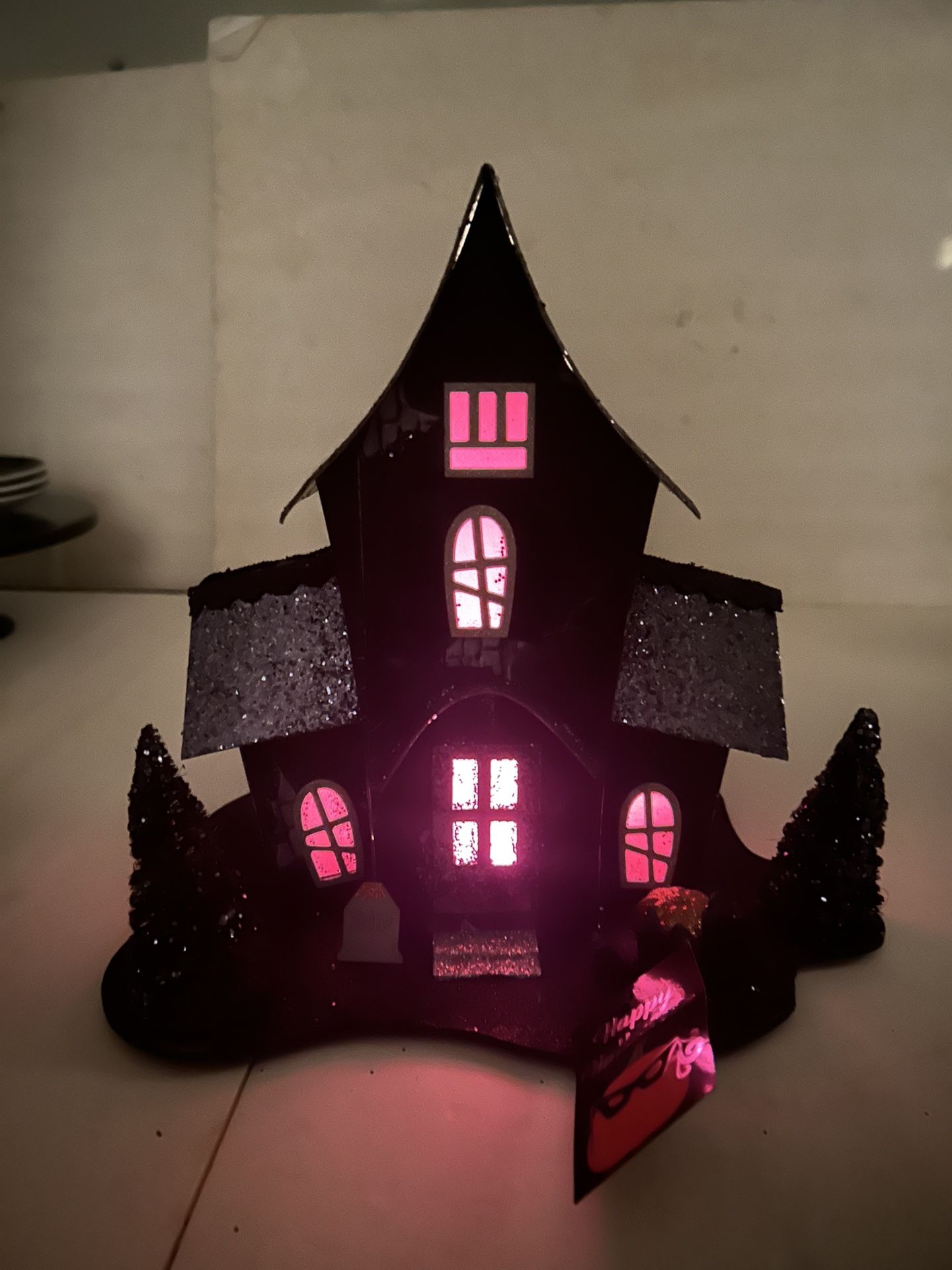 Vintage Halloween LED Light Up Black Haunted Putz House Orange Windows NOS W/Tags