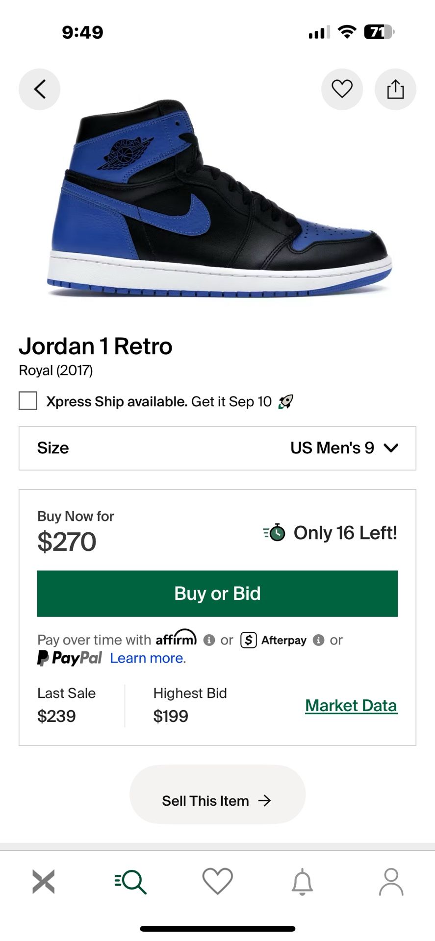 Jordan 1 Royal Size 9 $150