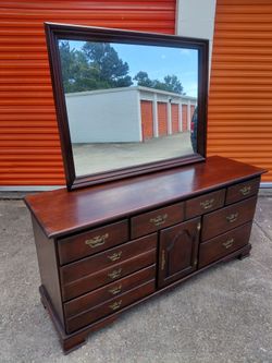 Vintage Wood Long Dresser with Large Mirror and 9 Dovetail Drawers