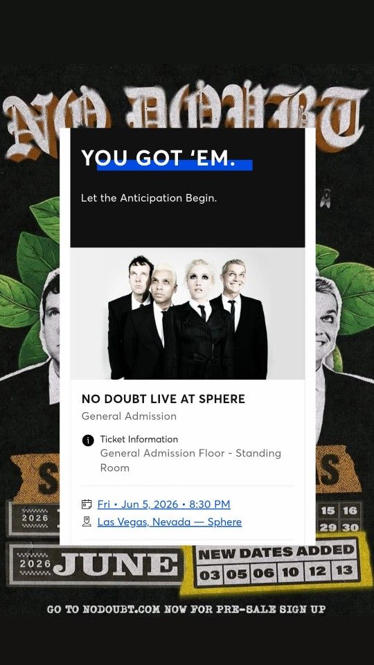 No Doubt - 2 GA Tickets at The Sphere Las Vegas, 6/5/26 