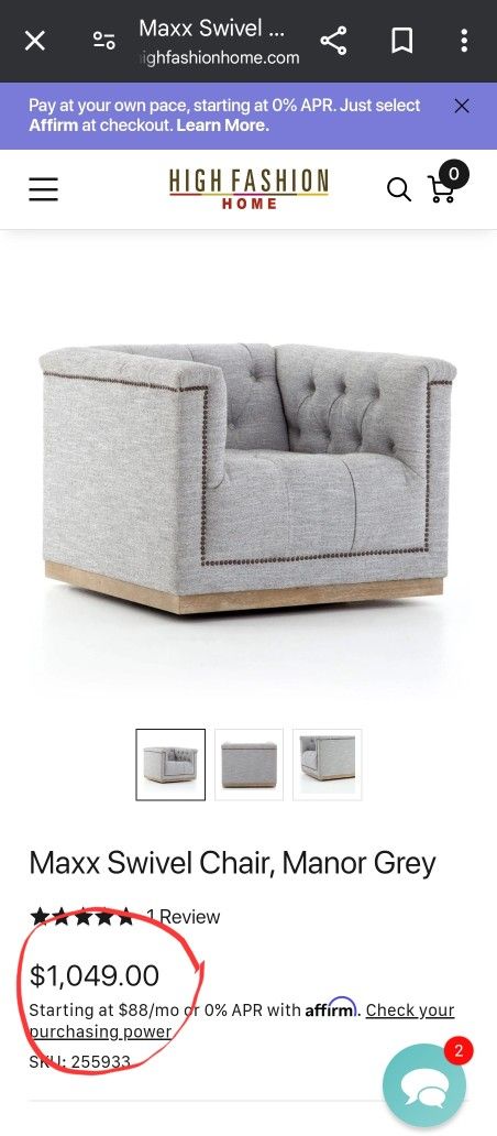 Four hands Maxx Swivel Chair, Manor Grey (Set) $1200