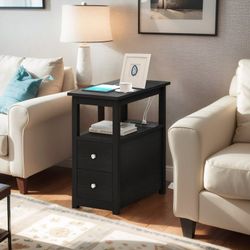 End Table, Black,1 pcs with Charging Station, Compact Side Table with Drawers Storage, Bedroom Nightstand, Black, 1PC , NEW 