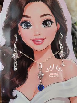 Sterling Silver 925 Necklace And Earrings Star design with clear and Blue zircon stone.