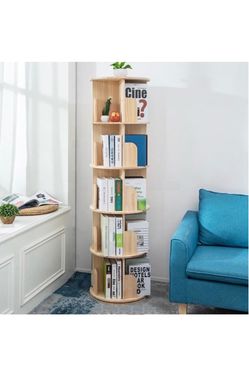 Wooden Rotating Bookshelf 360 Display Floor Standing Bookcase Storage Rack for Kids&Adults Multi-Functional Bookshelf Organizer (5-Tier)
