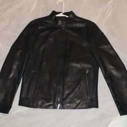 Micheal Kors Mens Black Leather Racer Jacket, Size M