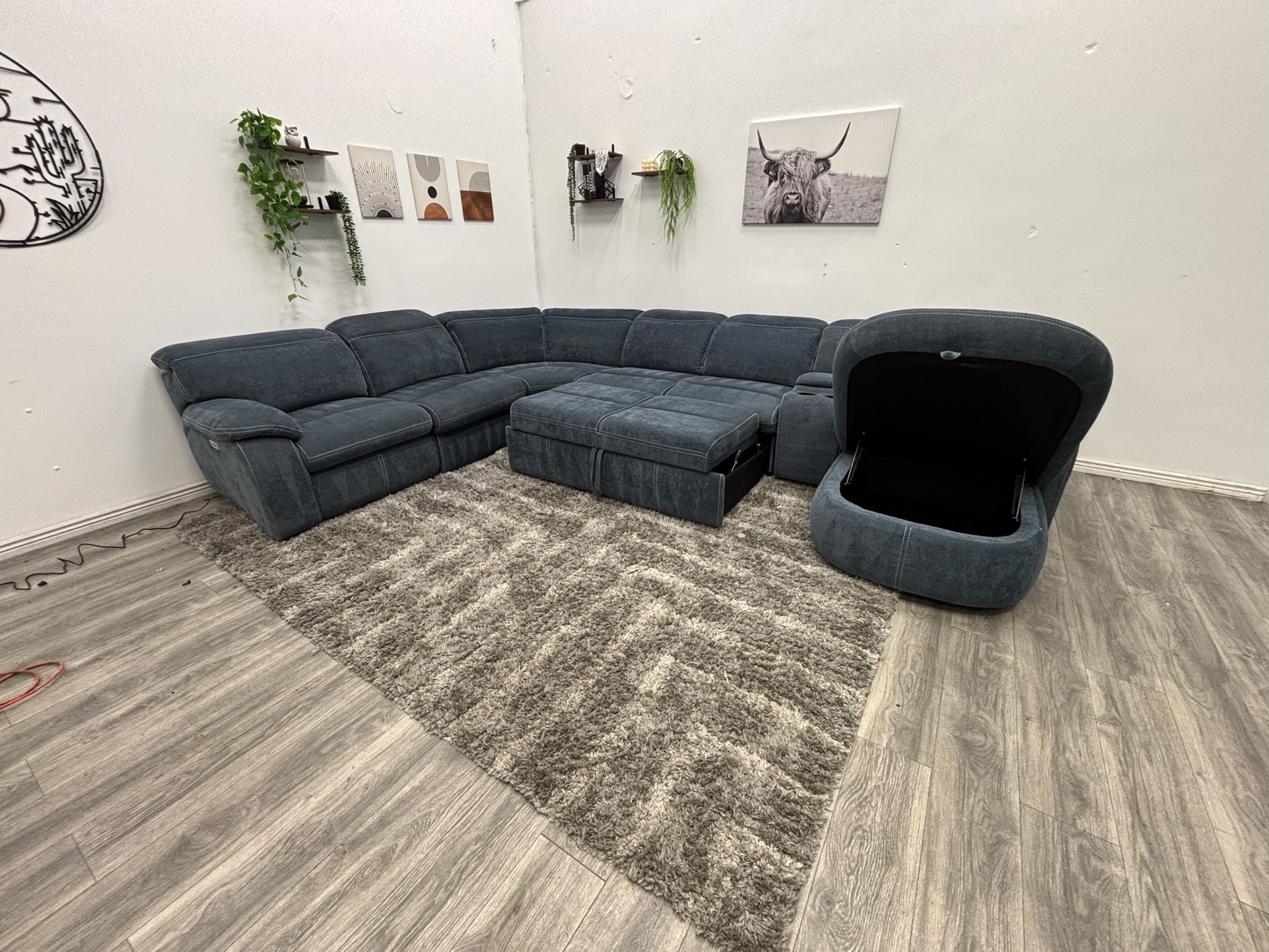 Blue Sectional Couch Power Recliner Pull Out Bed