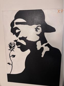 “The Rose Still Grows” – Black and White Original Hand-Painted Tupac Canvas (24” x 18”)