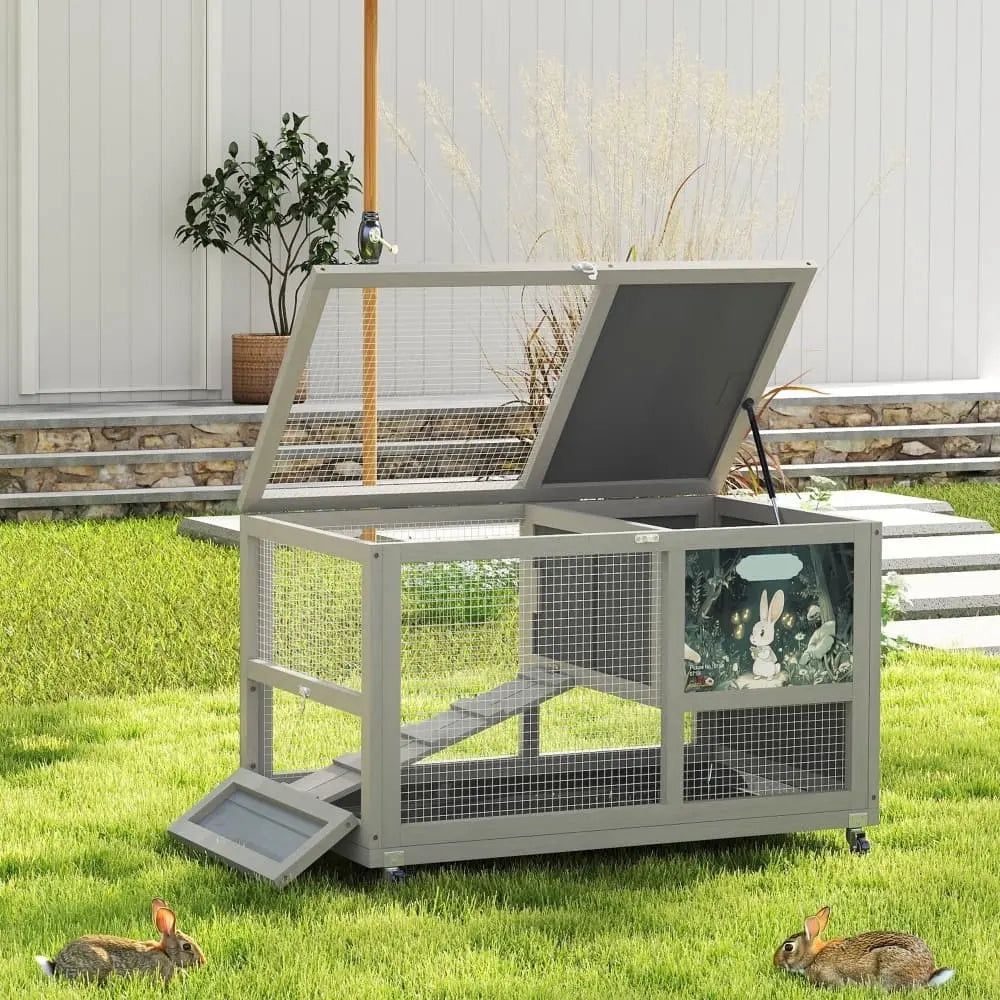 "Wooden 2-Tier Rabbit Hutch, 35inch Outdoor Bunny Cage with Wheels, Small Animal Pet Cage with Ramp, Tray, Doors, Openable Top, Lockable, Gray, NEW  A