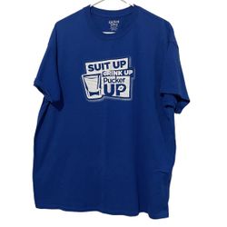 Gildan Men Shirt Blue XL Cotton Polyester Dry Blend Suit Up Drink Up Pucker Up