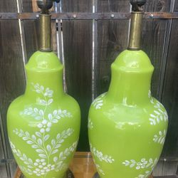 Vintage Designer Frederick Cooper Chicago Green Hand Painted Lamp Pair