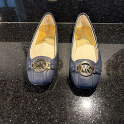 Michael Kors Fulton Moccasin Ballerina Flats Blue Leather Gold-tone HW 9 1/2M