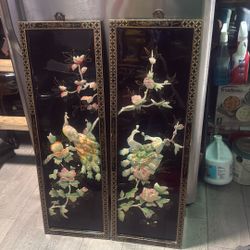 Black Lacquer Asian Wall Panels, Vintage Mother Of Pearl