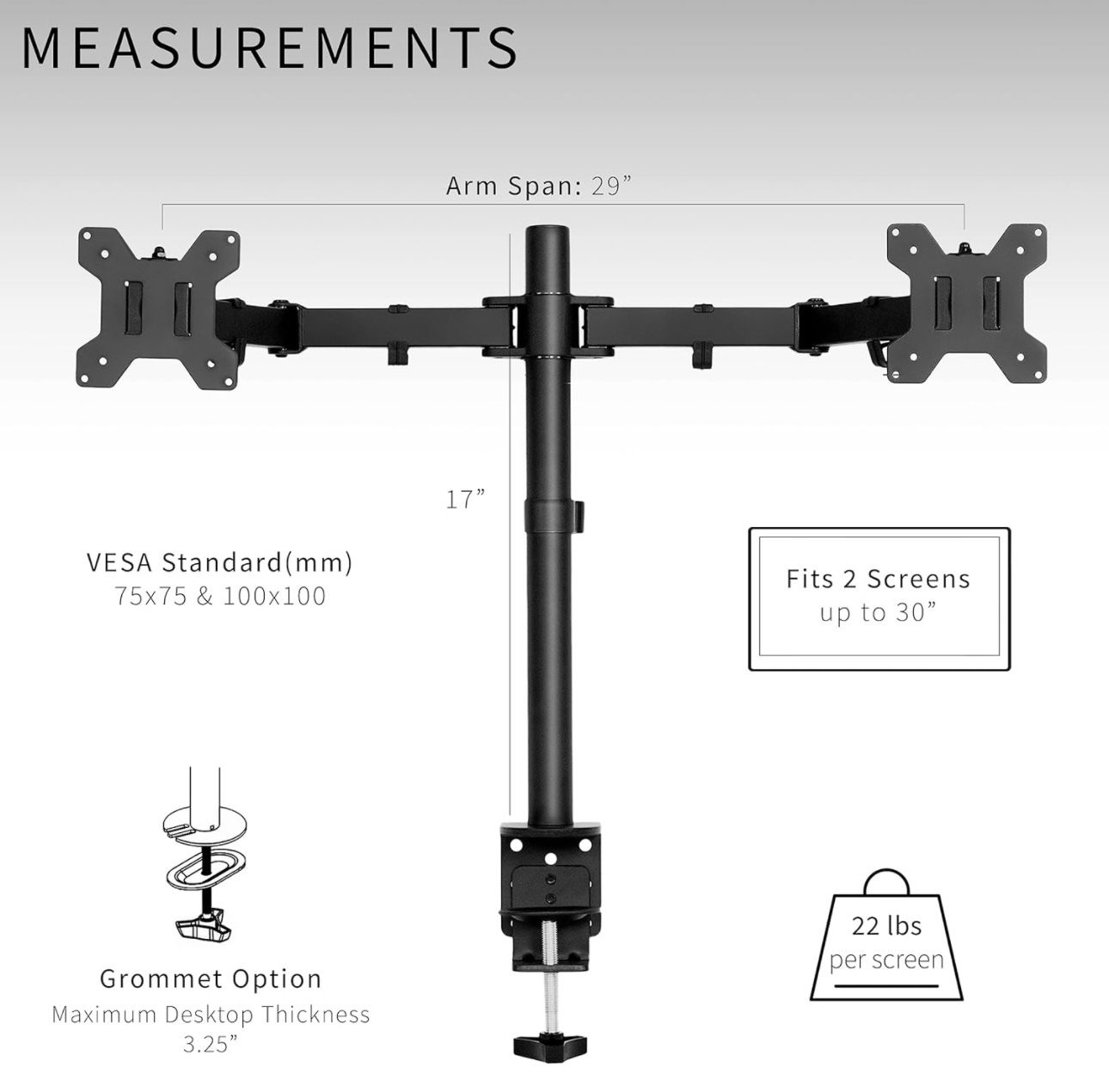 VIVO Dual Monitor Desk Mount, Heavy Duty Fully Adjustable Steel Stand, Holds 2 Computer Screens up to 30 inches and Max 22lbs Each, Black, STAND-V002