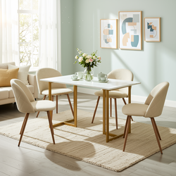 Homy Casa Slip 5PC Dining Set 55” White Marble Finish Table with Gold Base and 4 Puz Fabric Chairs in Beige