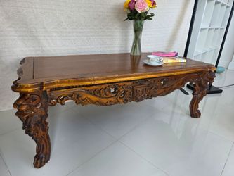 Large Vintage Carved Wood Coffee Table – 55”