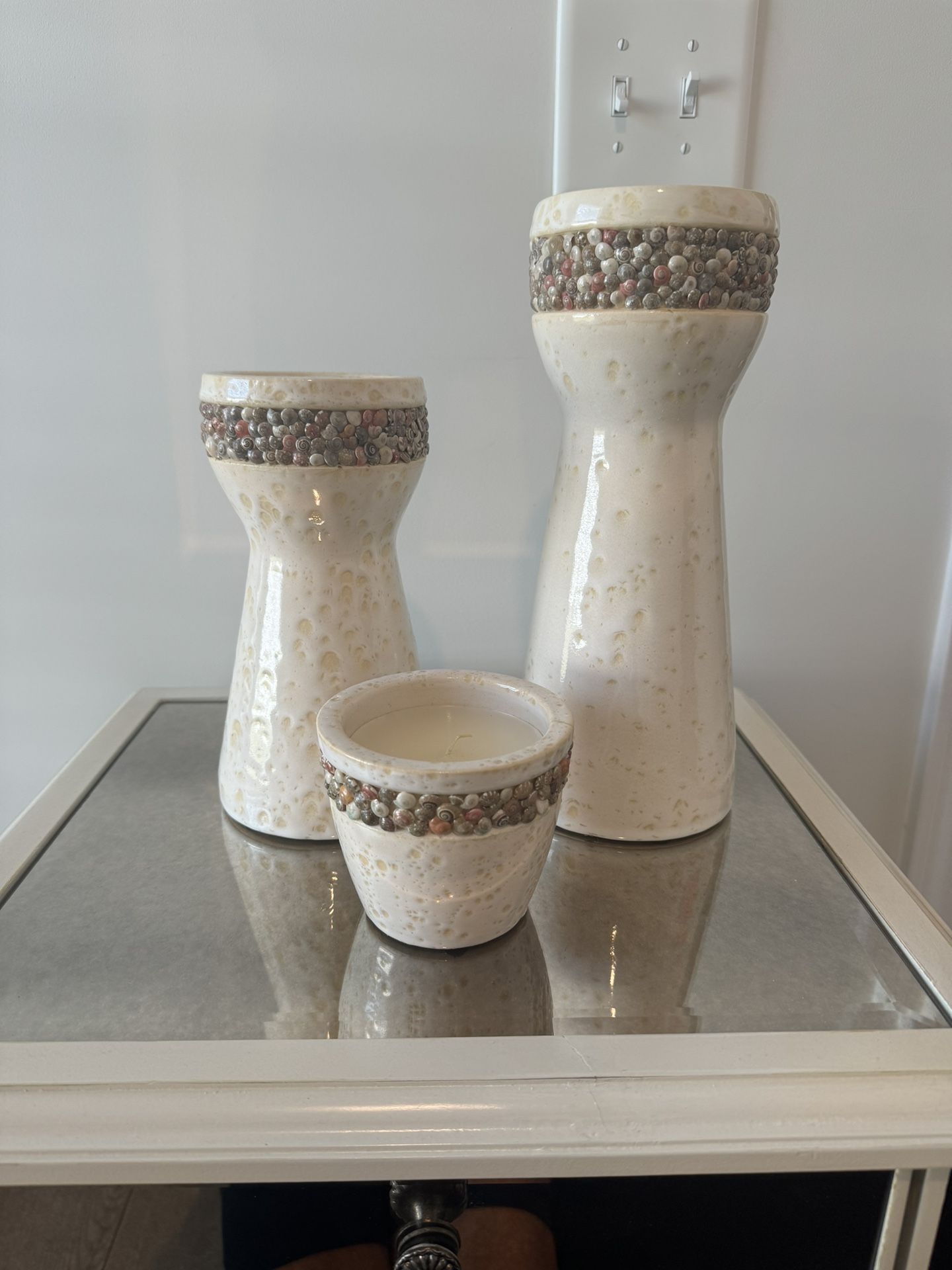 Seashell And Ceramic Candles (Set Of 3)