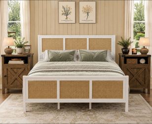 Set of 3 full Rattan bed frame with 2 nightstands. New in box