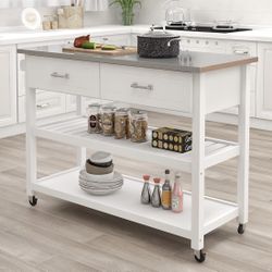 Assembled New Kitchen Island White Stainless Steel Top Kitchen Cart On Wheels with 2 Drawers and Storage Shelves