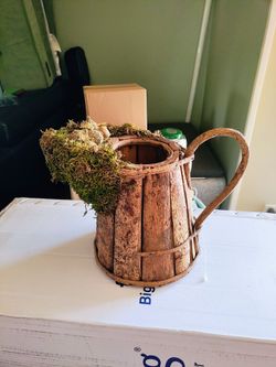 Vintage Rustic Bark Pitcher Planter with Woodland Moss & Acorns