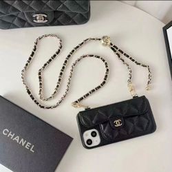 CHANEL iPhone 15 Pro Max Quilted caviar leather  Chain Shoulder Case