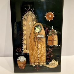 Vintage Beautiful Persian Lacquer Plaque W/Mother-Of-Pearl Inlay – Woman & Bird