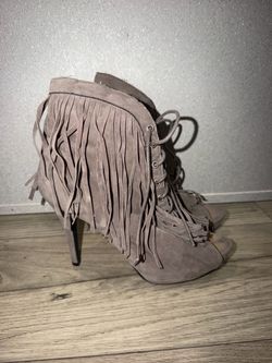Taupe Suede Fringe Lace-Up Stiletto High Heel Shoes Size 10W