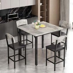 5-Piece Dining Table Set, Dining Table Set for 4, Counter Height Table & 4 Bar Stools, Modern Kitchen Dining Set, with Upholstered Chairs,
