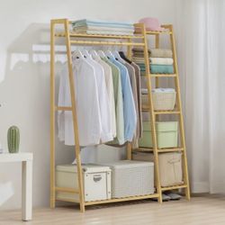 Bamboo Garment Rack with 5-Tier Storage Shelves Trapezoid Multi-Functional Garment Rack, Clothes Hanging Rack Stand for Bedroom Living Room, Natural