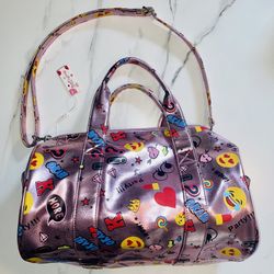 NEW Duffle Bag Girls Pink Metallic Luggage Sleepover Bag EMOJI