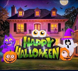 10FT Large Halloween Inflatable Decorations White Ghost Pumpkin Eyeballs Cat Banner,Build-in