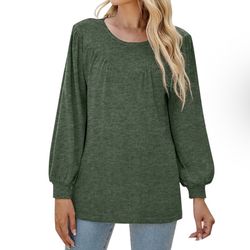 Women's Green Size L Tunic Tops Crew Neck Long Sleeve Sweatshirt Blouse