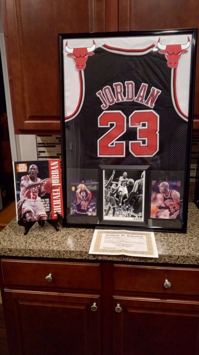 MICHAEL JORDAN HOF BULLS, CUSTOM STITCHED FRAMED JERSEY SIGNED PICTURE AND COA WITH BOOK OF JORDAN.