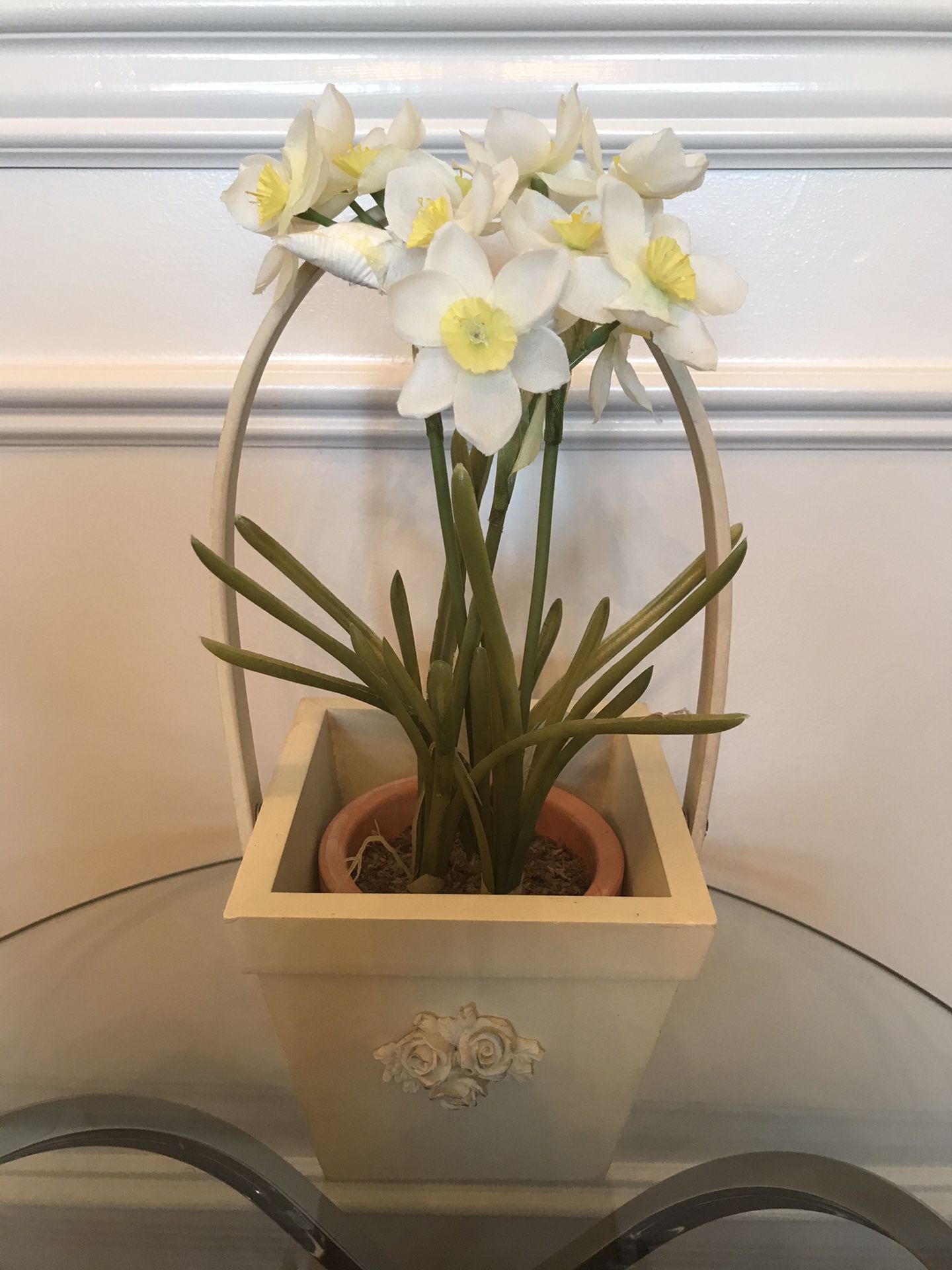 Mini Daffodils in Clay Pot In Wooden Handled Box 13”T