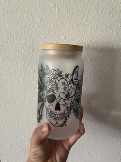 Frosted Skull Butterfly Floral Tumbler Glass with Bamboo Lid