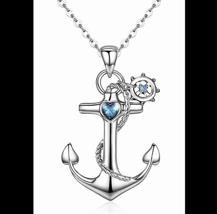 CUOKA .925 Sterling Silver Anchor Pendant Necklace, Blue Crystal Heart, Hypoallergenic