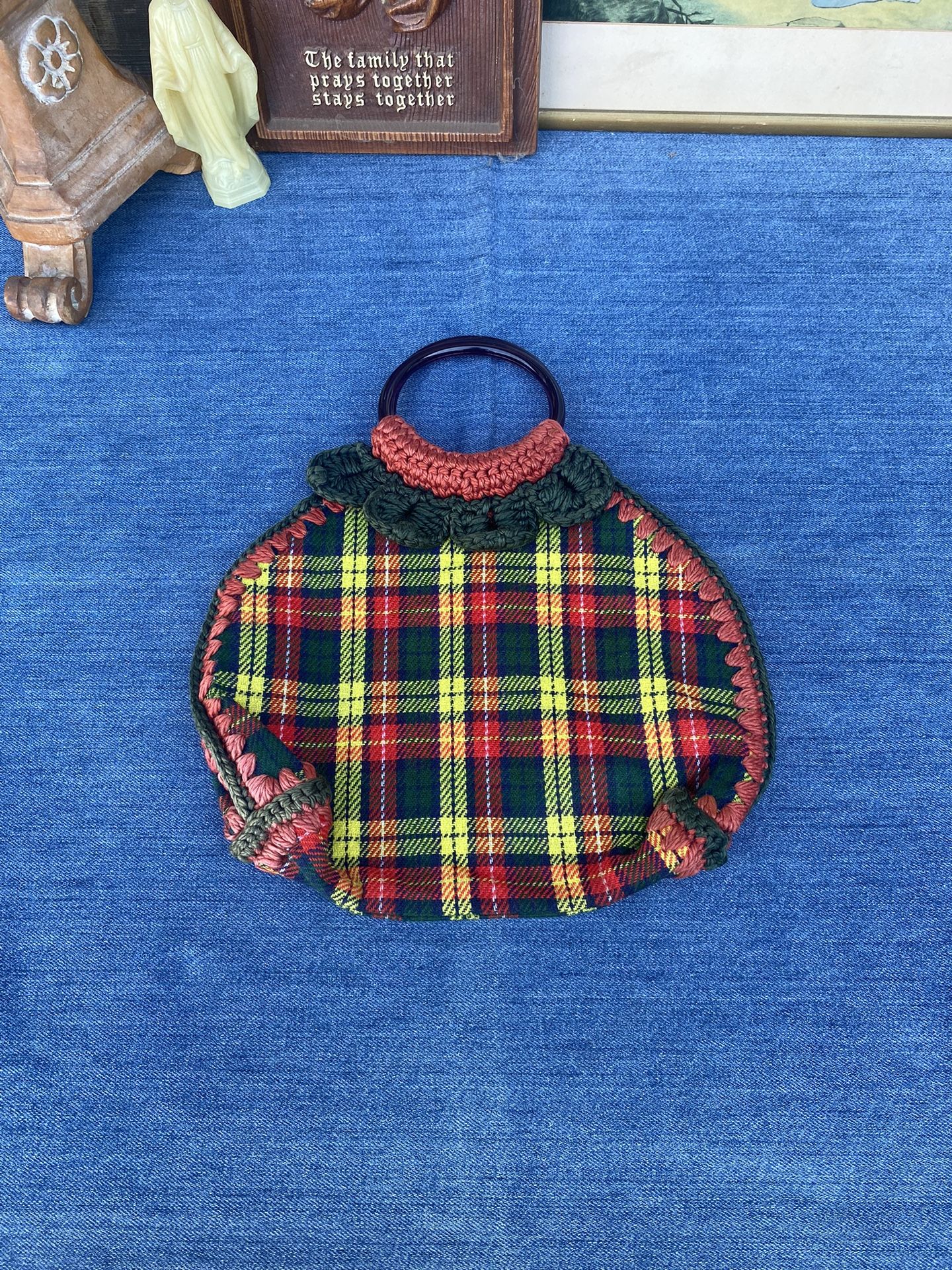 Vintage 1970s Handmade Crochet/Plaid Handbag Sz Small