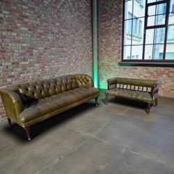 Original England Green leather Chesterfield sofa and bench 