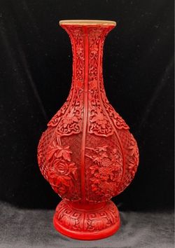 Vintage Red Cinnabar Lacquer Enamel Brass Vase, Chinese Floral Carving