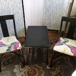 Vintage Boho  Black Cane Rattan Chairs And Table Set
