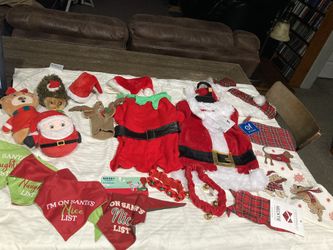 New Christmas, dog outfits, toys, stocking hats, and scarfs
