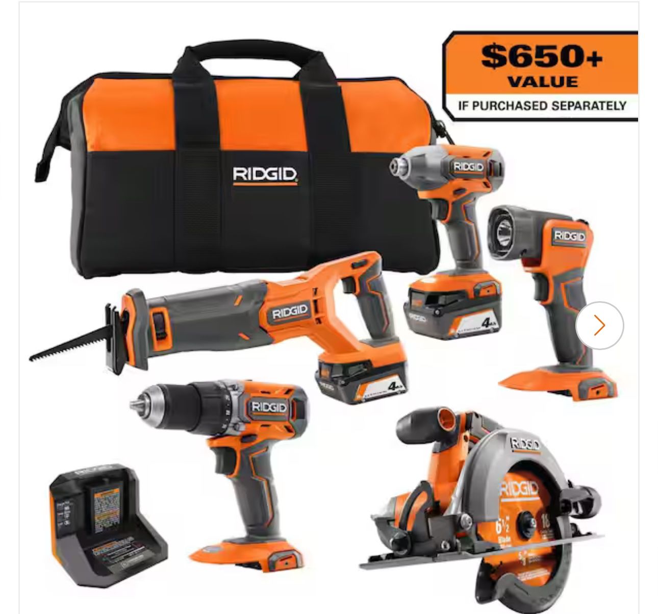 18V Cordless 5-Tool Combo Kit with (2) 4.0 Ah Batteries, Charger, Tool Bag, and Accessories