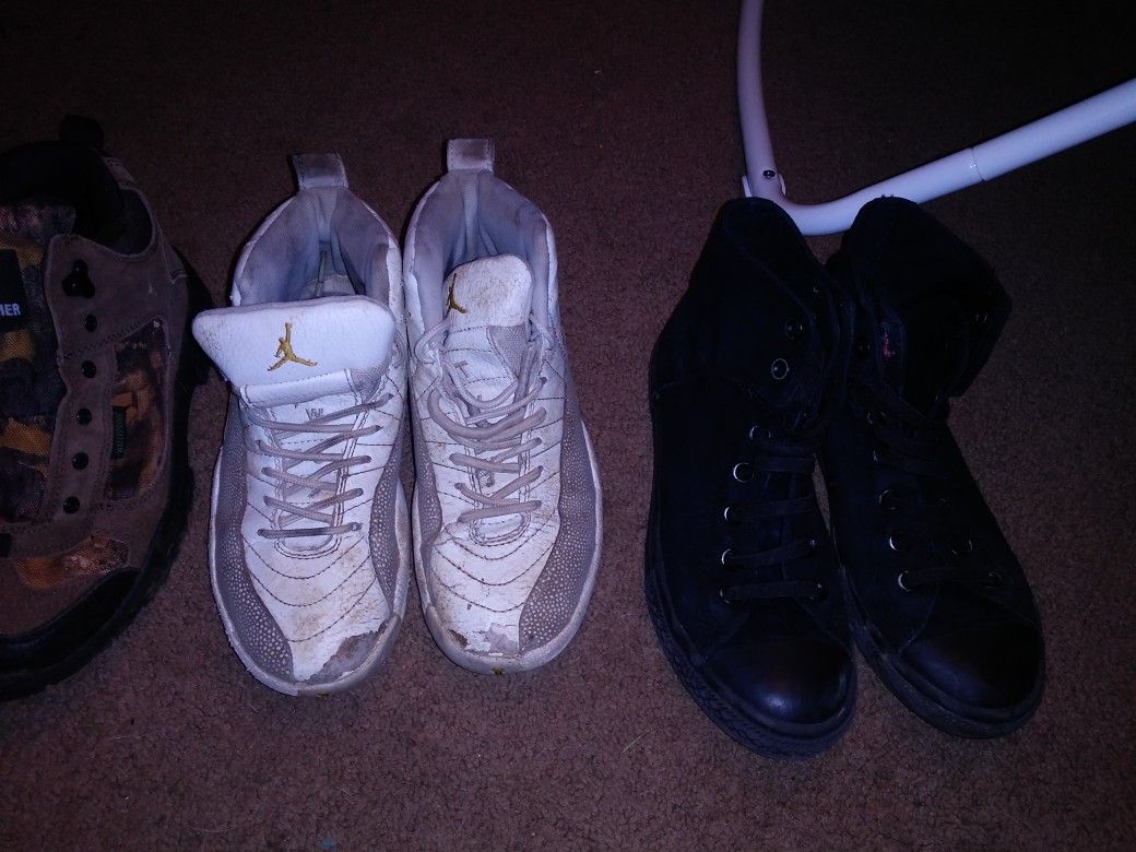 Boys shoes size 5-7. 5$ each boots are rockys, black shoes are converse, white jordans