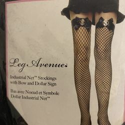 New, Leg Avenue Bow Dollar Sign 💲 Fishnet Stockings Fits 90 – 160 LBS