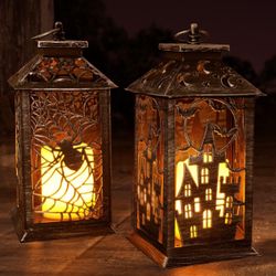 Halloween Lantern,14" Halloween Decorations for Home,Vintage Halloween Decor Lantern with Timer,Last 20 Days Longer Candle Lantern for Indoor,Outdoor,